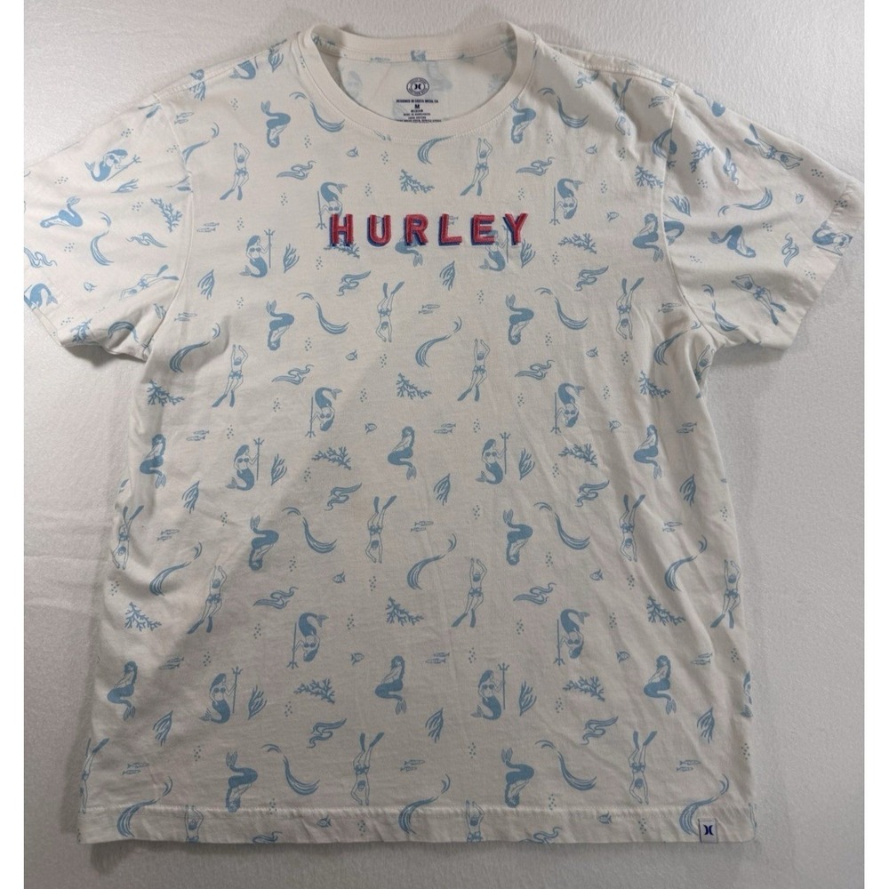 Hurley Mens T-Shirt Medium White Blue Mermaid Swimmer Graphic Embroidered Logo